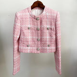 Blazer Curto de Tweed Rosa: Elegância em Tons Pastéis e Acabamento de Luxo
