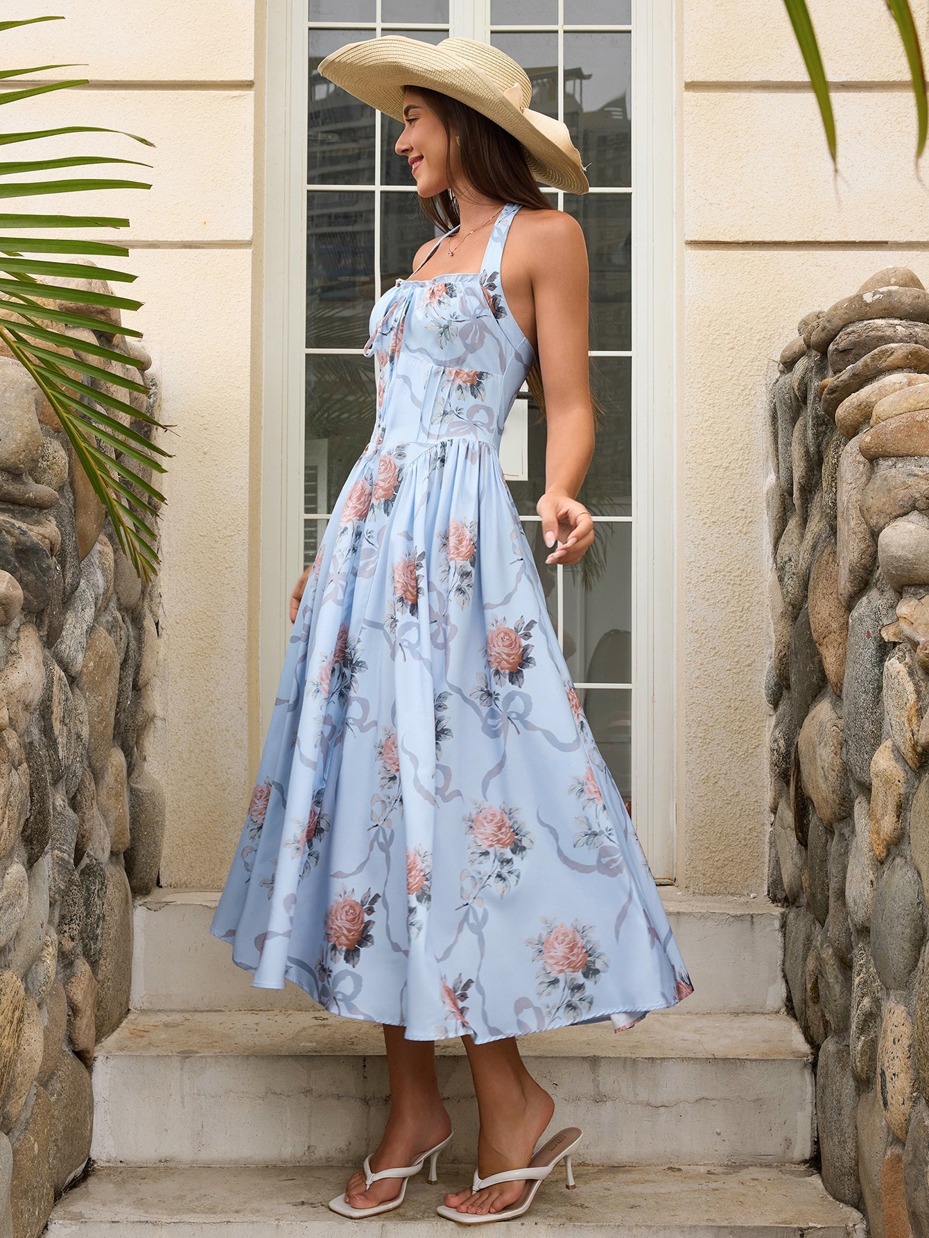 Benedita | Vestido Midi Floral com Alças Finas, Costas Abertas e Saia Rodada