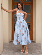 Benedita | Vestido Midi Floral com Alças Finas, Costas Abertas e Saia Rodada
