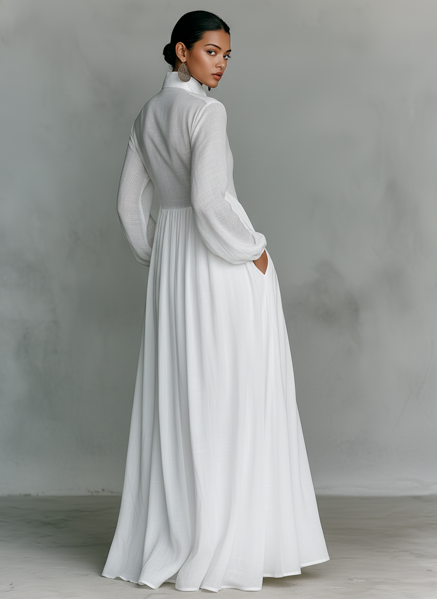 Aurora | Vestido Longo Branco com Decote em V, Manga Longa e Saia Ampla