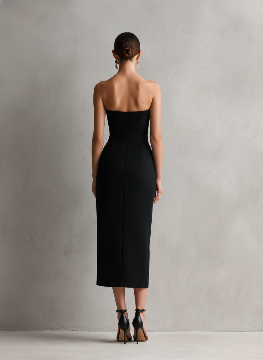 Nara | Vestido Midi Preto Tomara que Caia com Bolsos