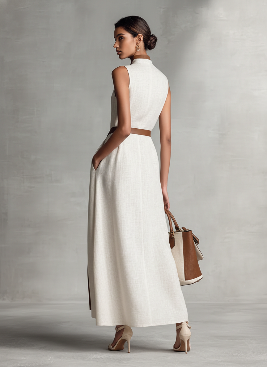 Constância | Vestido Longo Off-White em Linho com Decote V e Corte Fluido