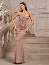 Rafaela | Vestido Longo Nude Franzido com Corte Sereia