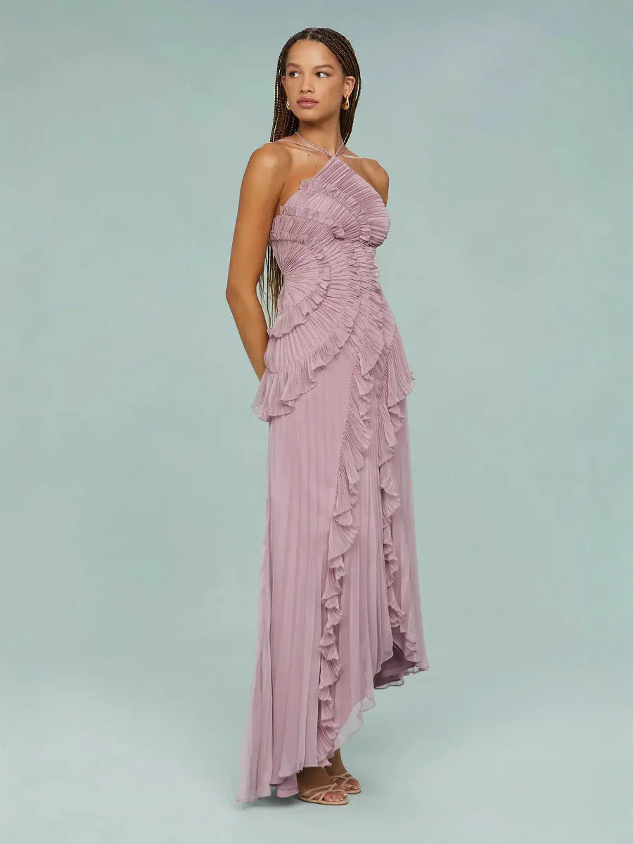 Salomé | Vestido Longo Rosa Antigo em Renda com Babados Assimétricos e Barra Irregular