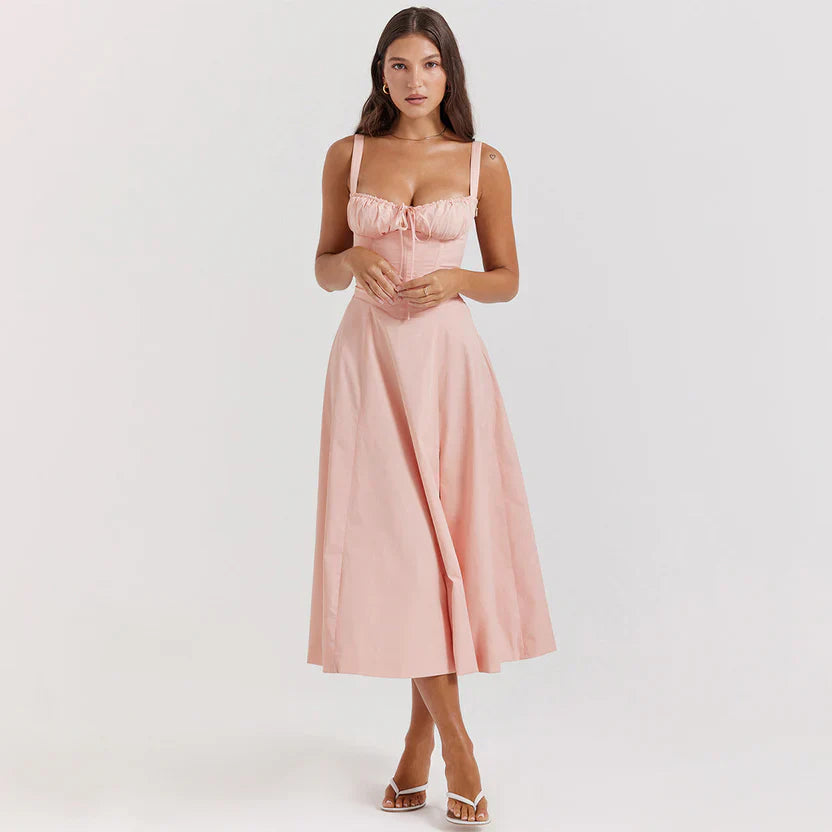 Adriana | Vestido Midi Azul Marinho com Corpete Franzido e Saia Evasê