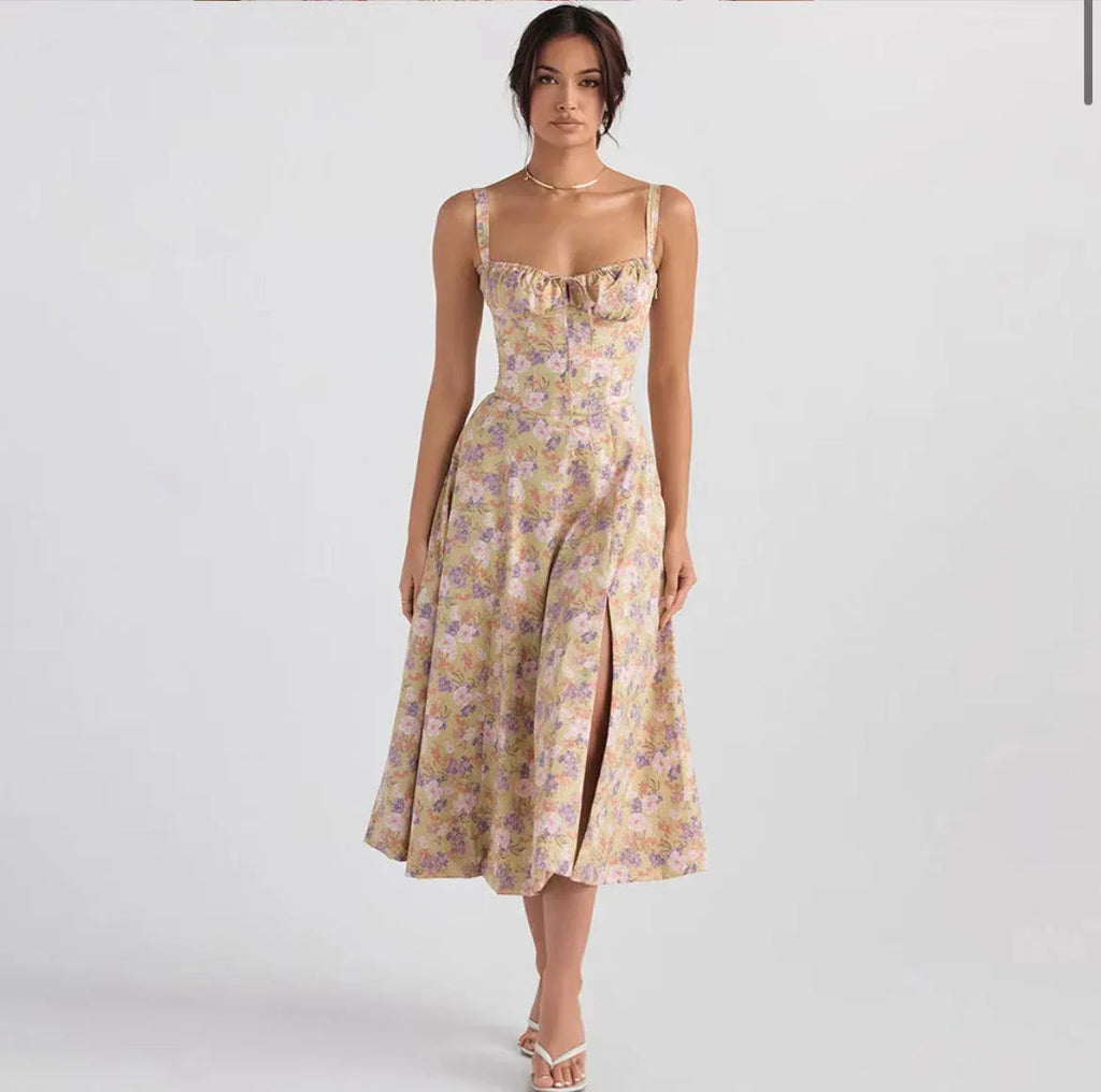 Adriana | Vestido Midi Azul Marinho com Corpete Franzido e Saia Evasê