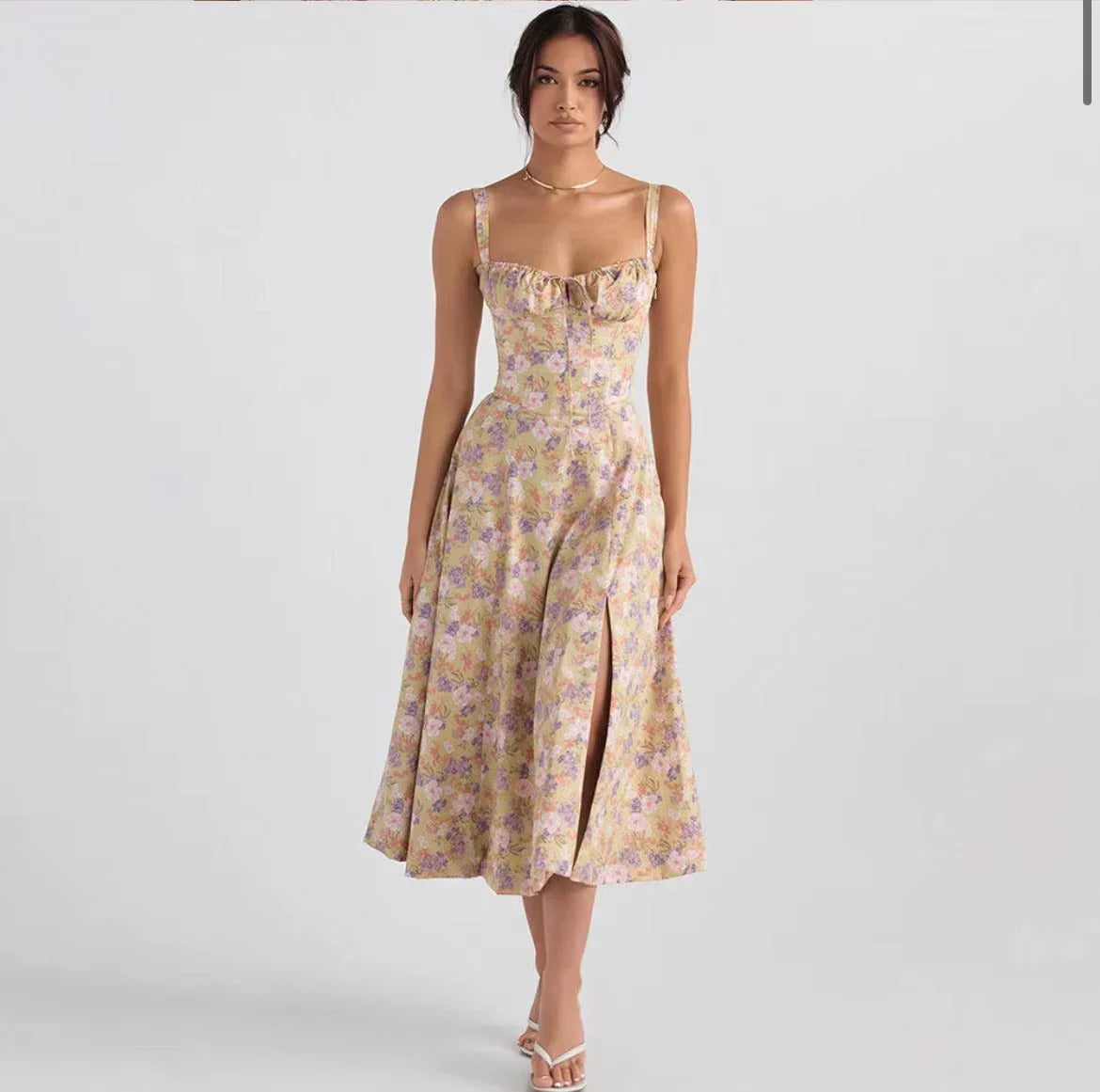 Adriana | Vestido Midi Azul Marinho com Corpete Franzido e Saia Evasê