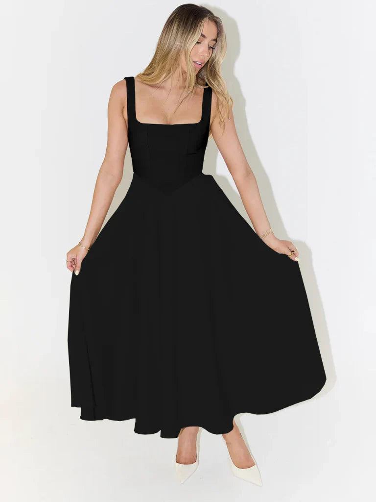 Marta | Vestido Midi Preto com Alças Largas e Saia Evasê de Caimento Perfeito