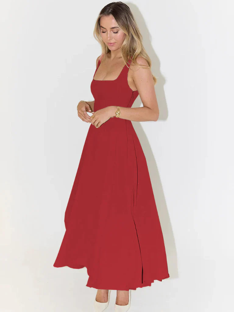 Marta | Vestido Midi Preto com Alças Largas e Saia Evasê de Caimento Perfeito