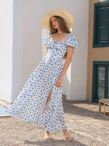 Marcelina | Vestido Midi Floral Azul com Manga Bufante e Fenda Alta