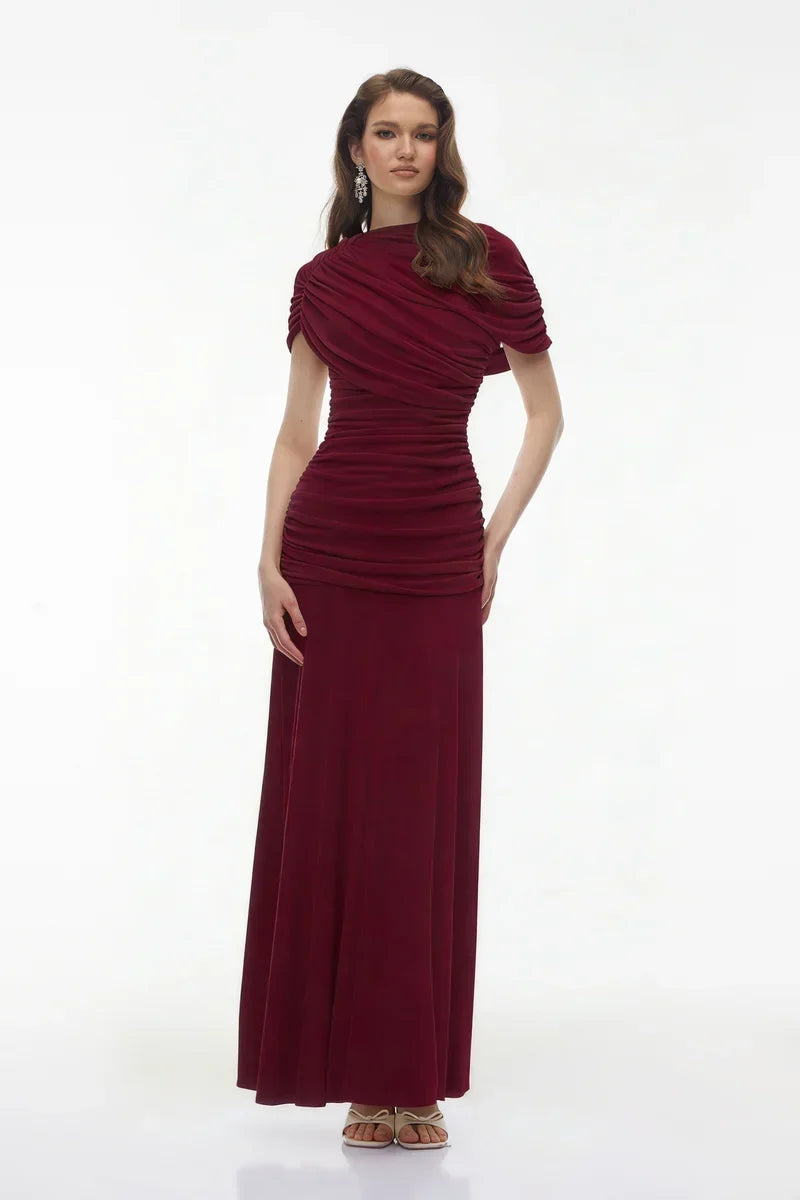 Vestido Longo em Malha Drapeada com Contraste