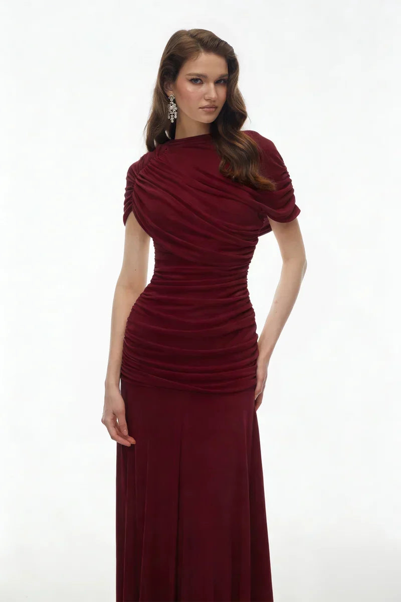 Vestido Longo em Malha Drapeada com Contraste