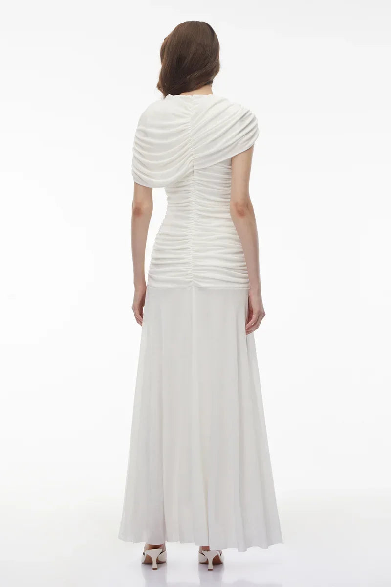 Vestido Longo em Malha Drapeada com Contraste