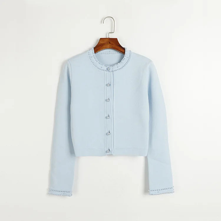 Cardigan em Tricô com Aplicações de Pérolas – Azul Serenity