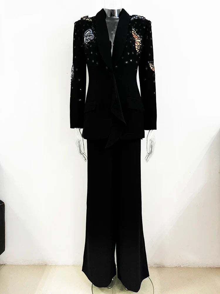 Conjunto Elegante: Blazer com Aplicação 3D e Calça Pantalona