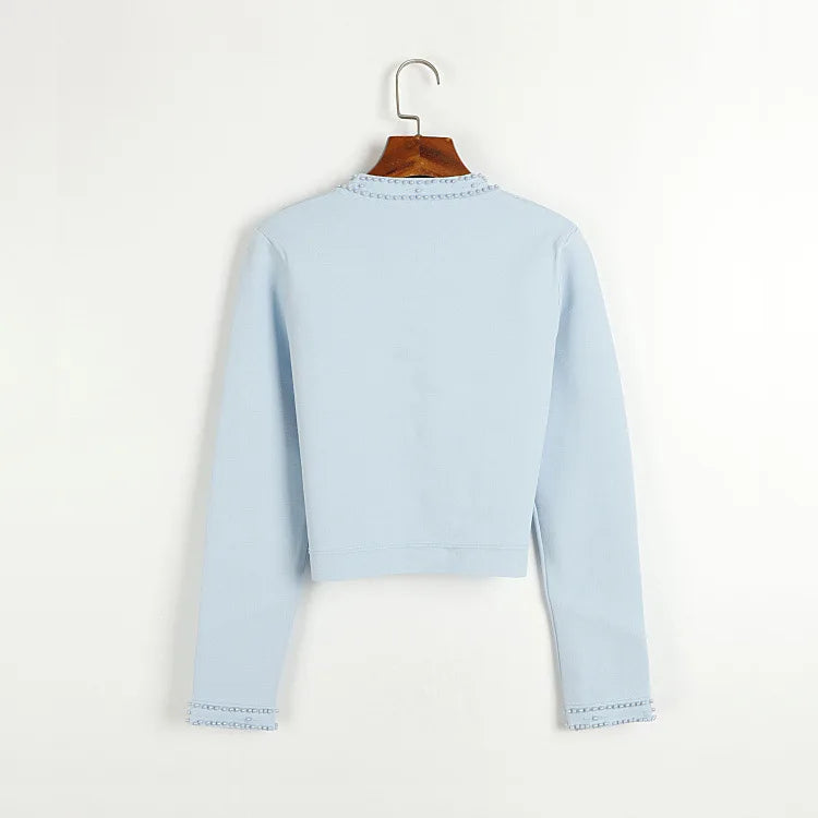 Cardigan em Tricô com Aplicações de Pérolas – Azul Serenity