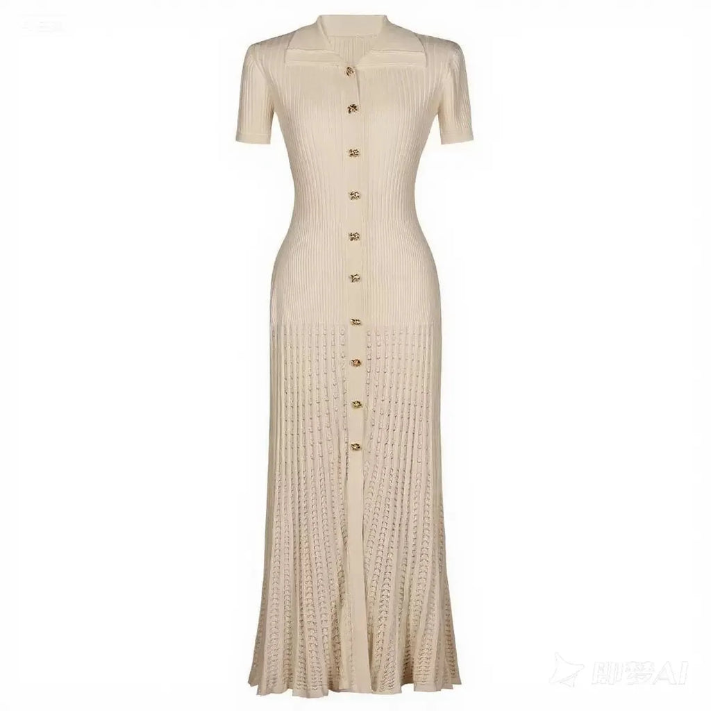 Vestido Midi em Tricô Canelado com Gola Boneca e Saia Plissada