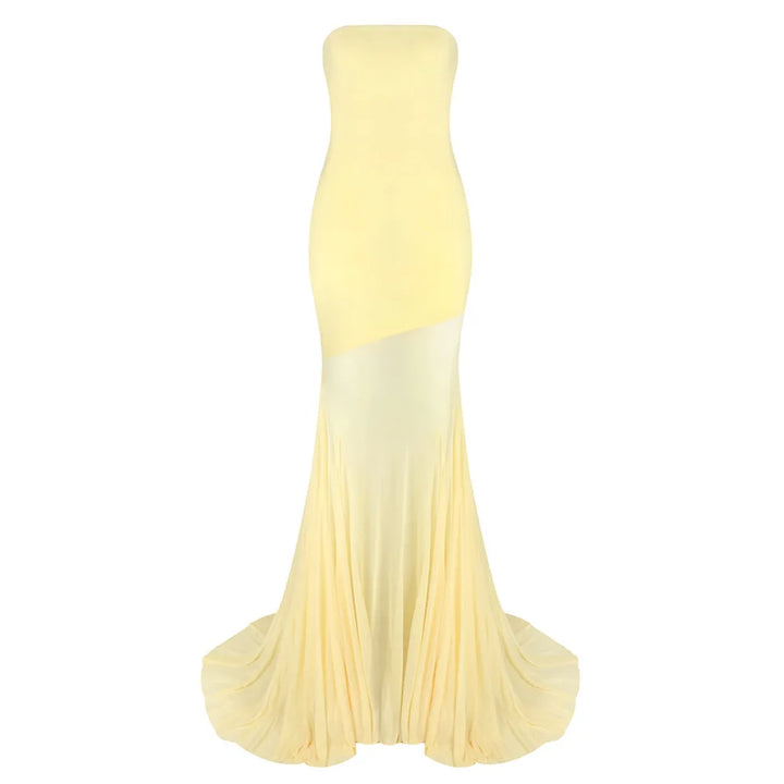 Vestido Maxi Escultural Amarelo com Estrutura de Corpete e Saia Fluida