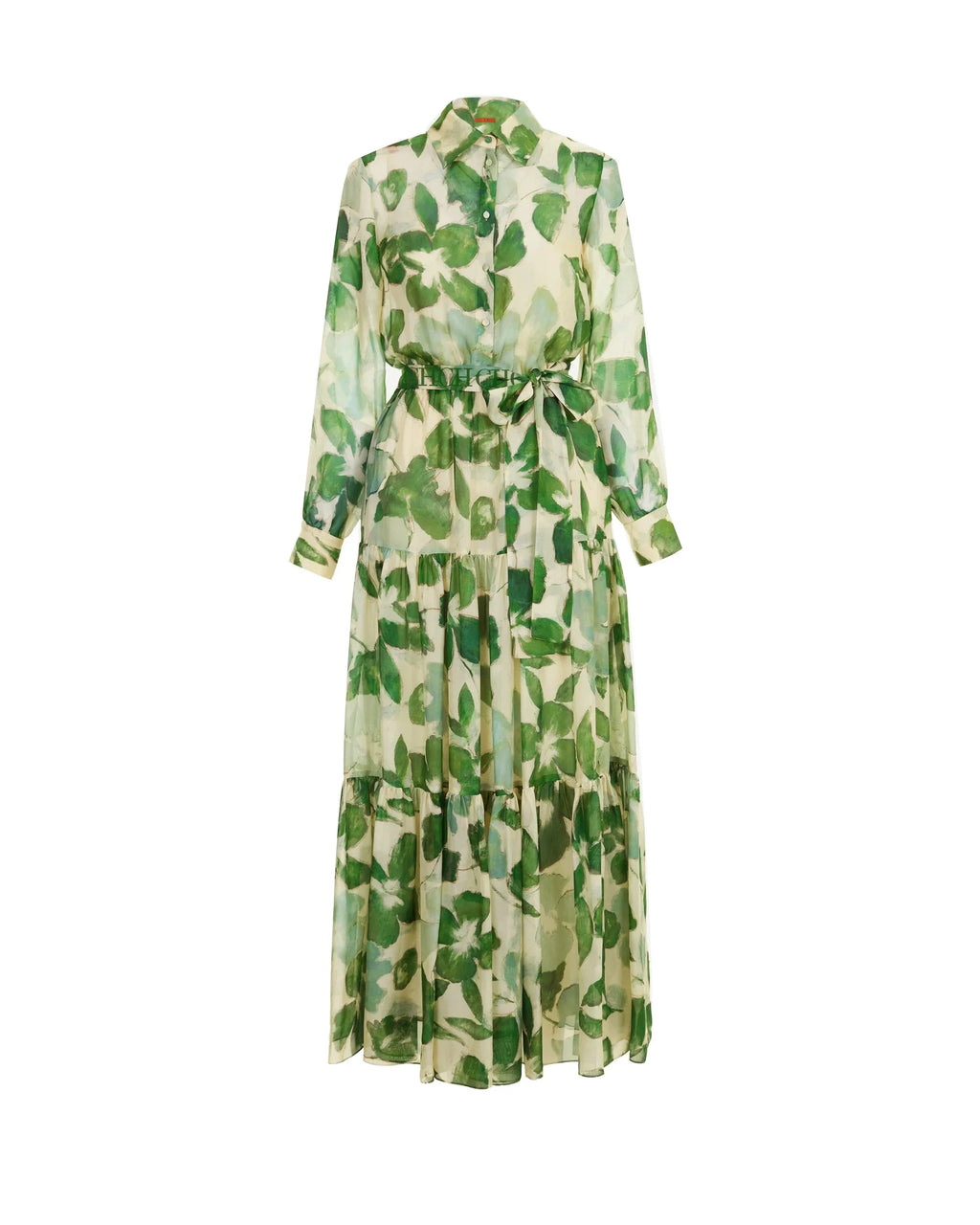 Lorena | Vestido Longo Estampado com Cintura Marcada e Manga Longa