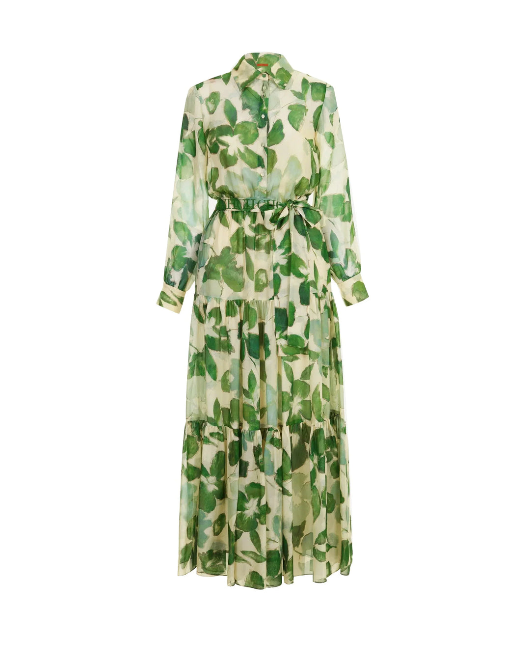Lorena | Vestido Longo Estampado com Cintura Marcada e Manga Longa