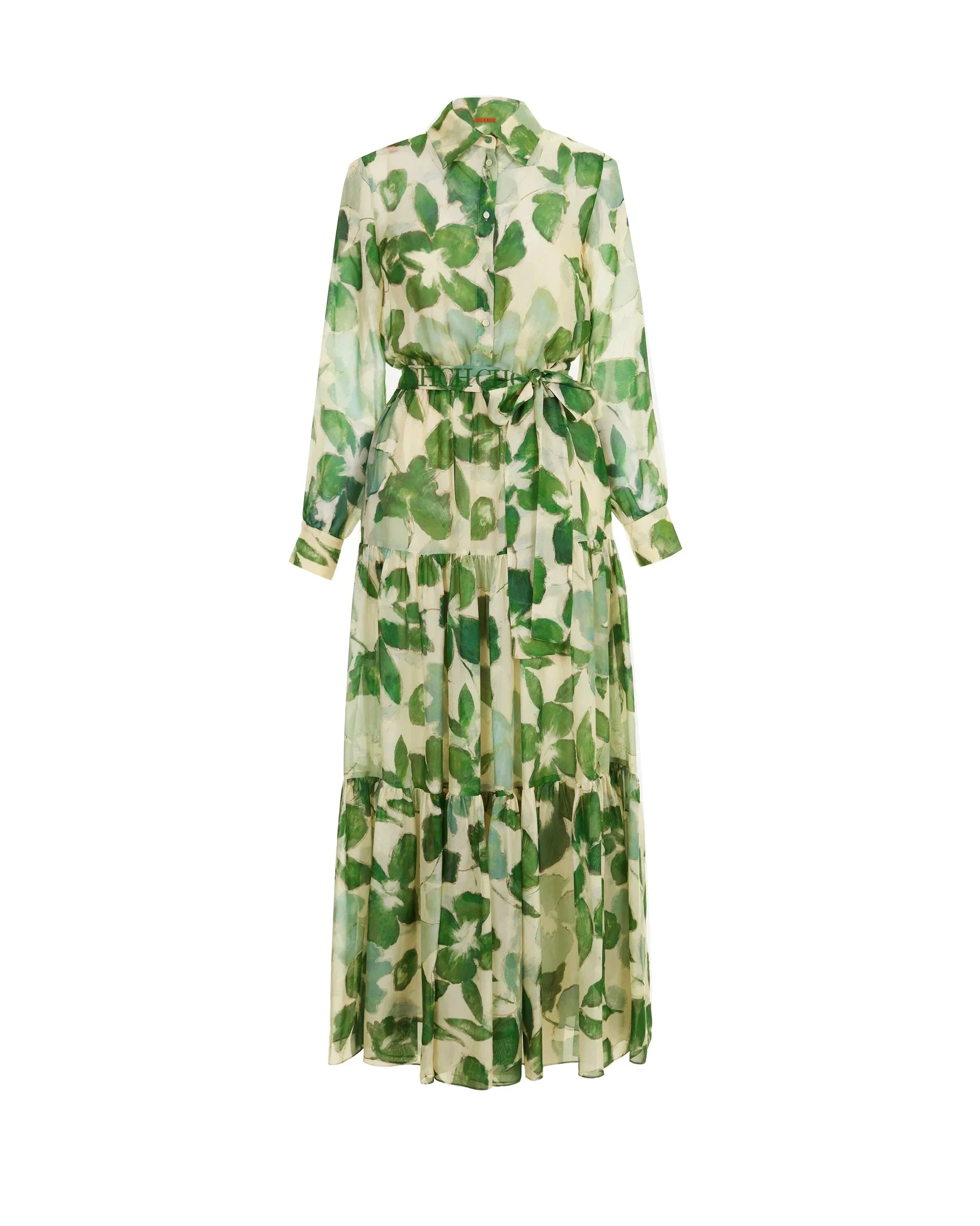 Lorena | Vestido Longo Estampado com Cintura Marcada e Manga Longa