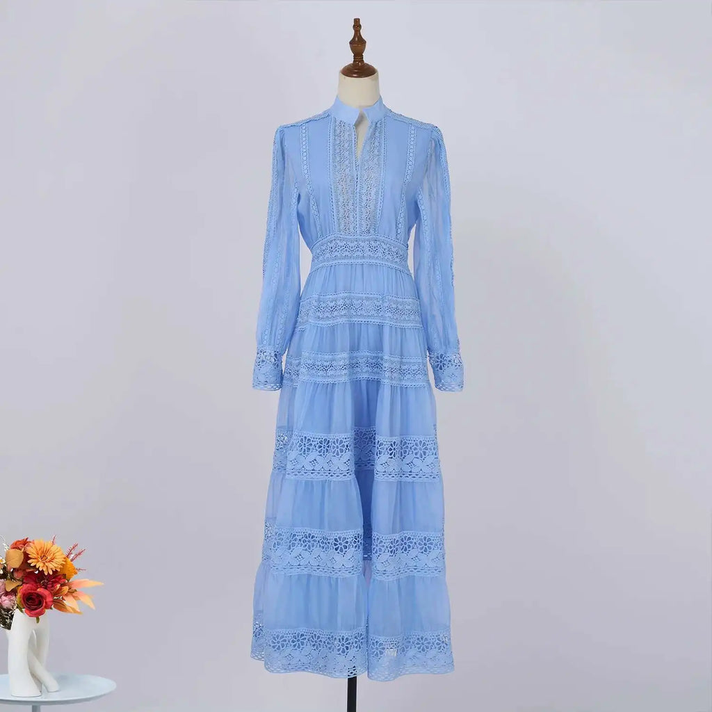 Cecília | Vestido Longo em Renda com Tecido 100% Algodão e Manga Longa