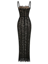 Vestido Longo Escultural com Decote Quadrado e Renda Nobre