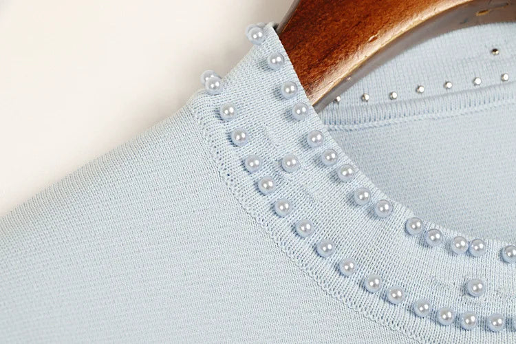 Cardigan em Tricô com Aplicações de Pérolas – Azul Serenity