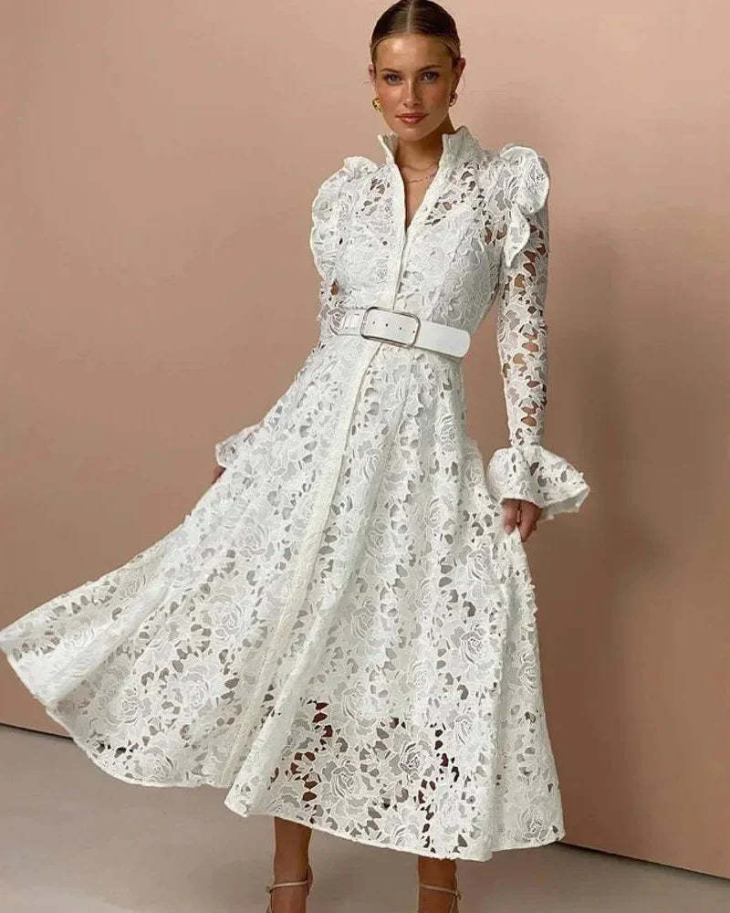 Sofia | Vestido Longo em Renda com Cintura Império e Decote em V