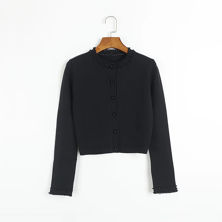 Cardigan em Tricô com Aplicações de Pérolas – Azul Serenity
