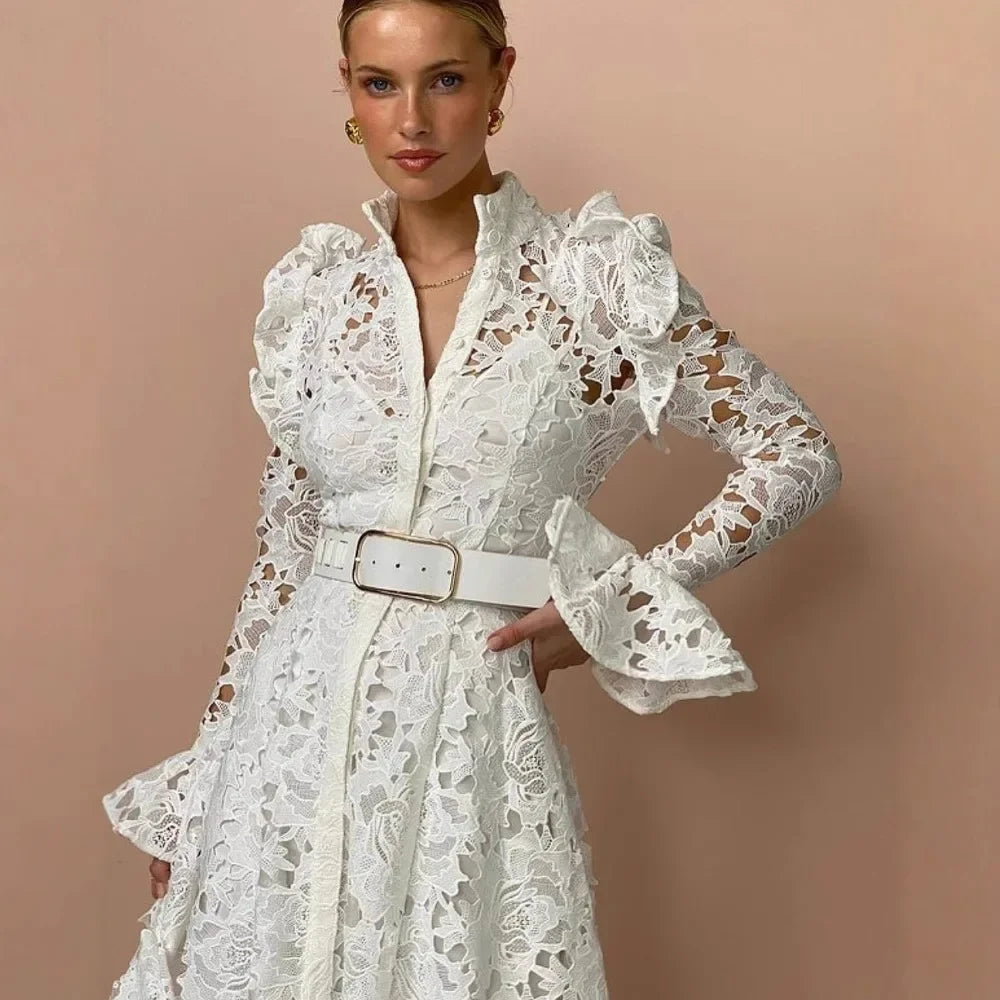 Sofia | Vestido Longo em Renda com Cintura Império e Decote em V