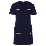Vestido Curto de Luxo em Tweed Azul: Modelagem Slim e Design Atemporal