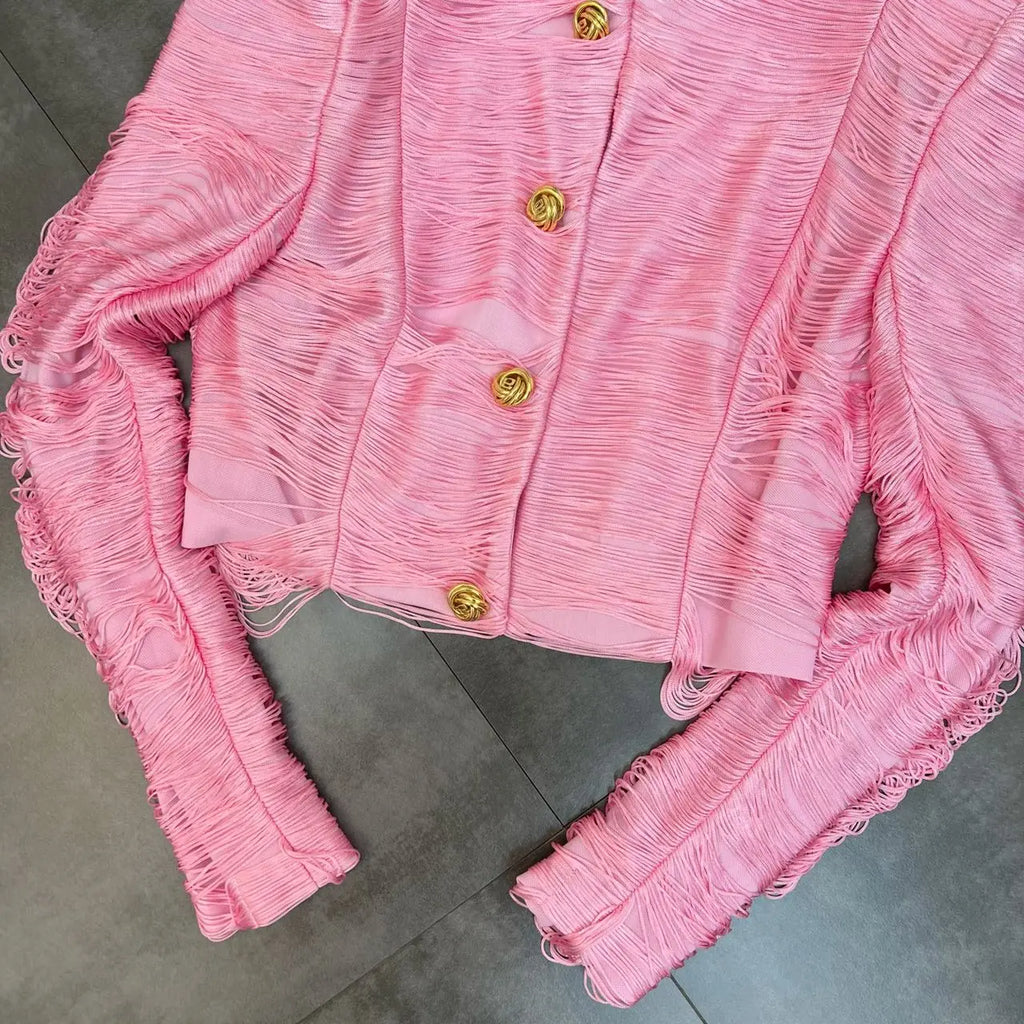 Jaqueta Curta de Luxo com Textura de Franjas Lineares e Botões Dourados
