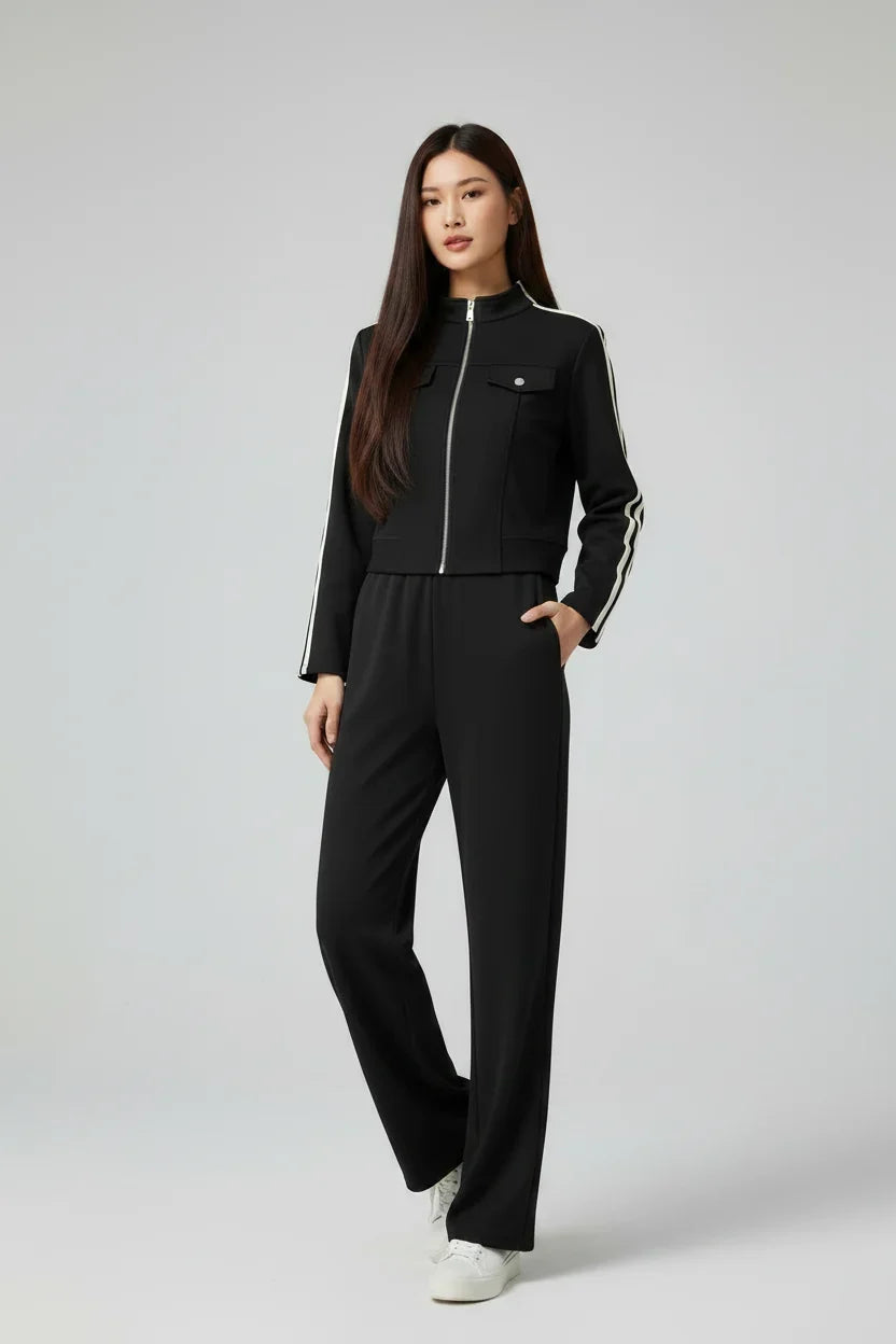 Conjunto Esportivo com Jaqueta Listrada e Calça Pantalona