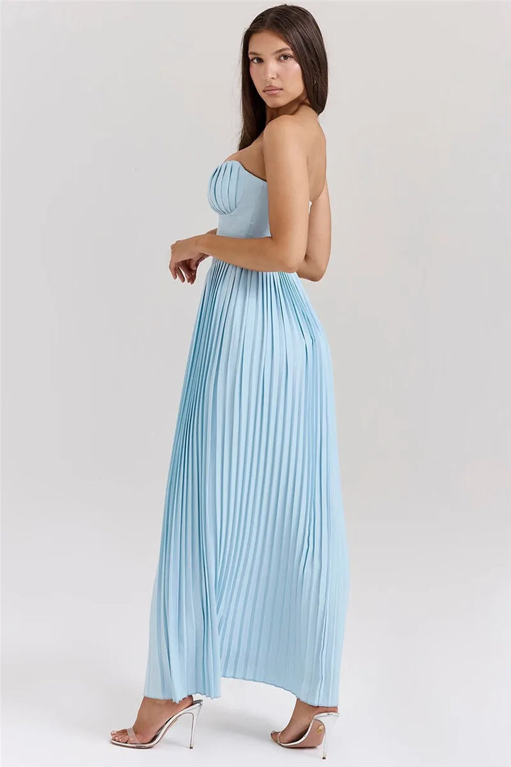 Vestido Longo Design de Espartilho, Saia Plissada e Luxo Moderno