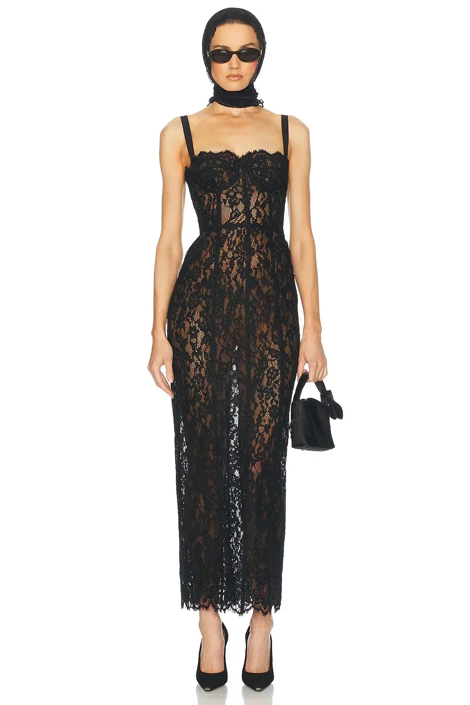 Vestido Longo Escultural com Decote Quadrado e Renda Nobre