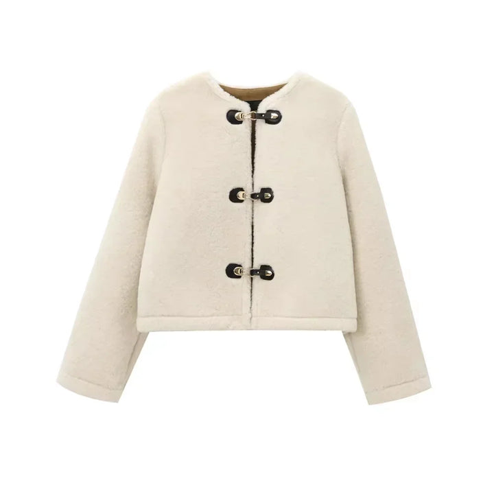 Berenice | Casaco Cropped em Shearling Bege com Fechamento em Toggles