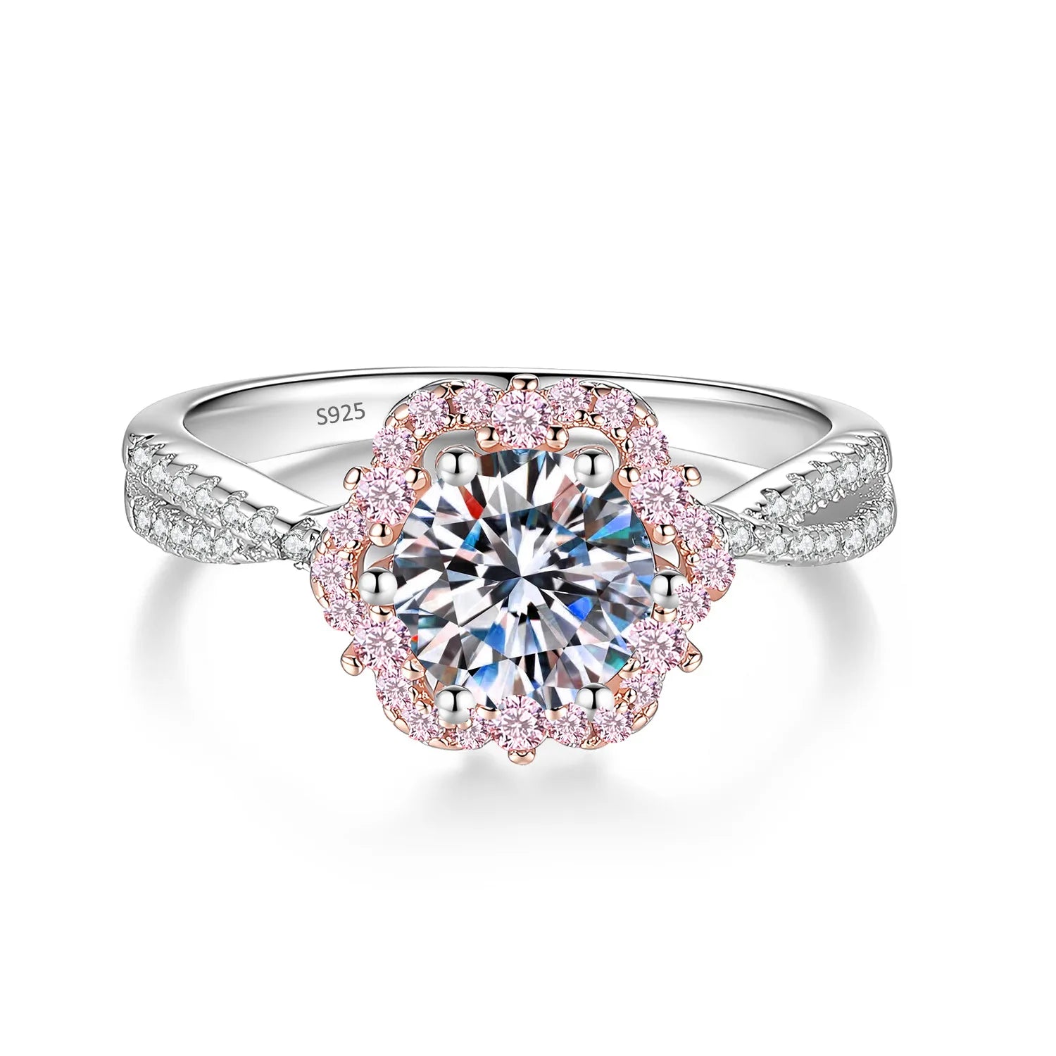Anel Solitário Moissanite Contorno Rosa Duplo Cravejado