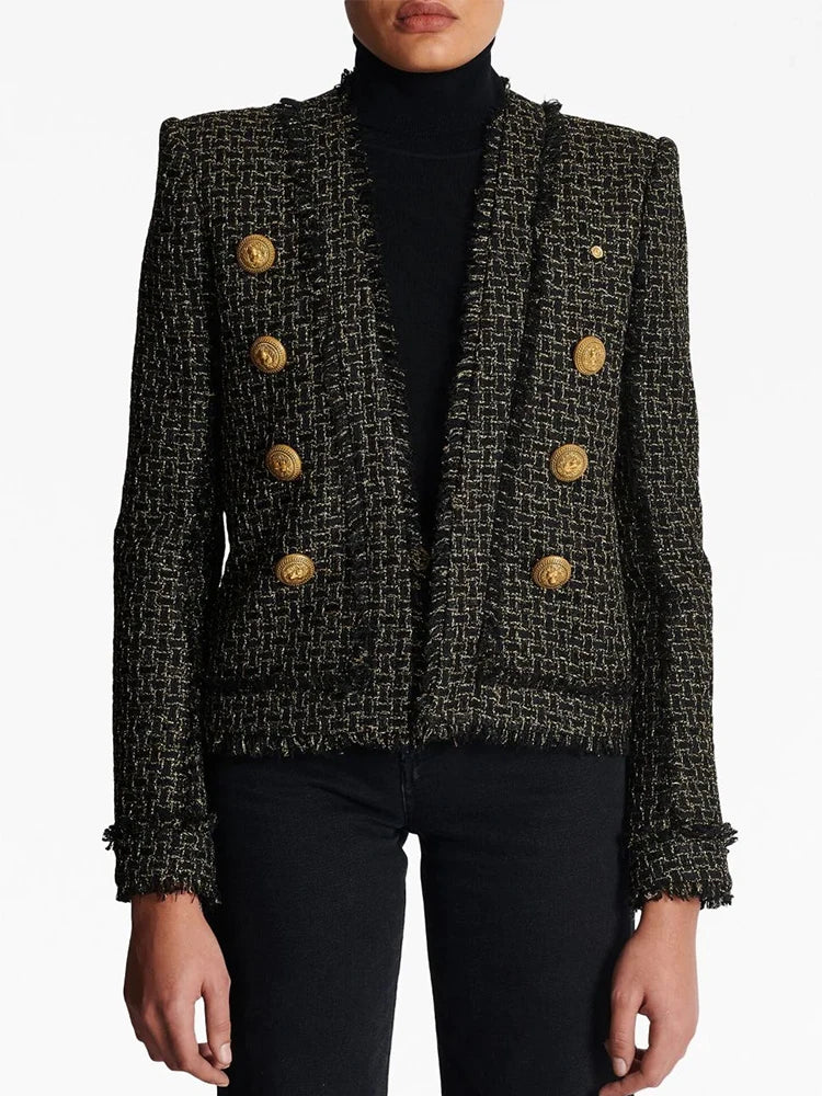 Blazer em Tweed Xadrez com Fios Dourados e Botões Ornamentais