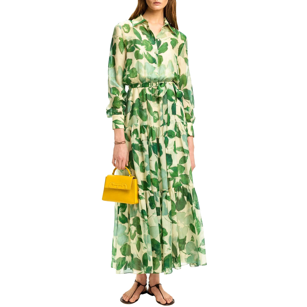 Lorena | Vestido Longo Estampado com Cintura Marcada e Manga Longa