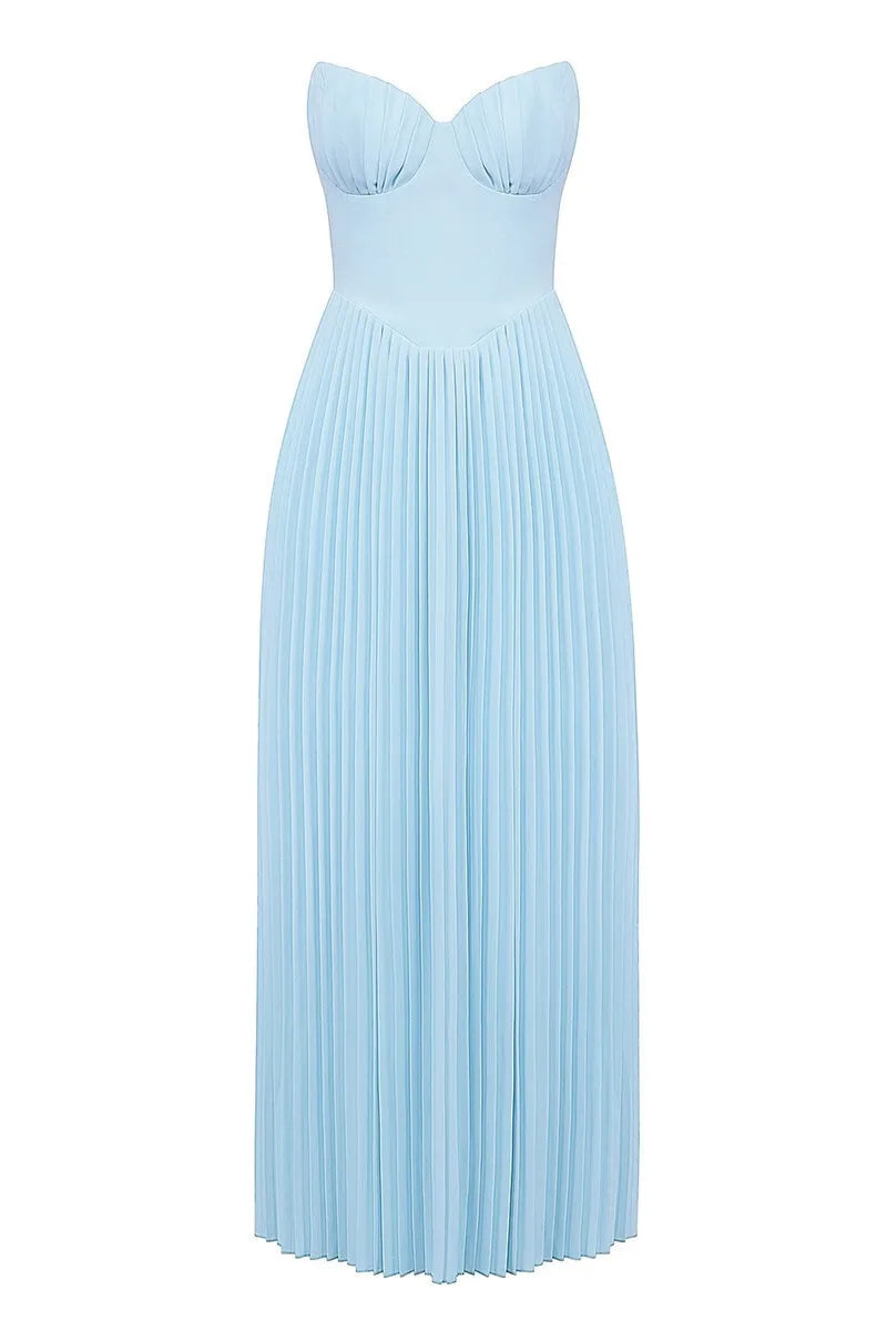 Vestido Longo Design de Espartilho, Saia Plissada e Luxo Moderno