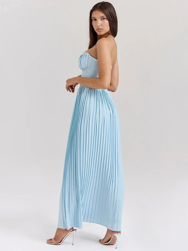 Vestido Longo Design de Espartilho, Saia Plissada e Luxo Moderno
