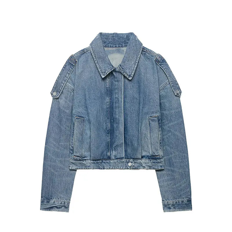Jaqueta Curta Escultural em Denim com Silhueta Ampla e Fechamento em Zíper