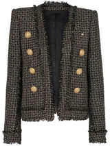 Blazer em Tweed Xadrez com Fios Dourados e Botões Ornamentais