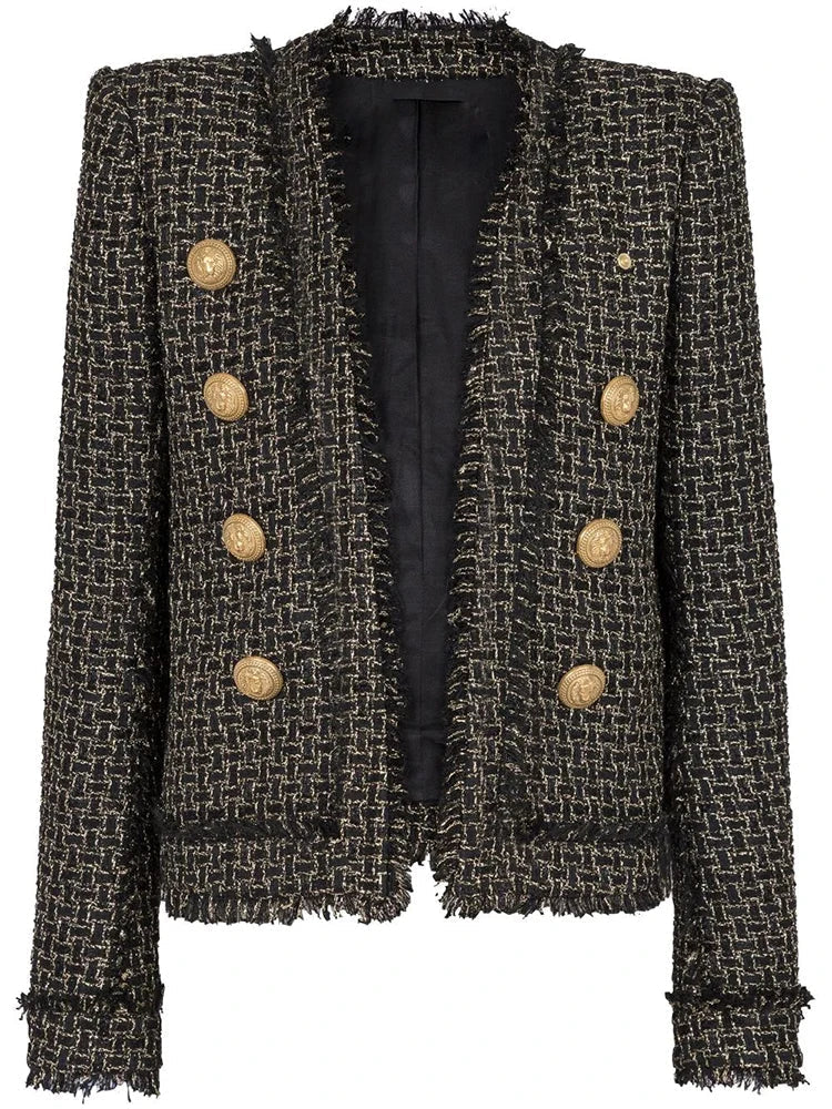 Blazer em Tweed Xadrez com Fios Dourados e Botões Ornamentais
