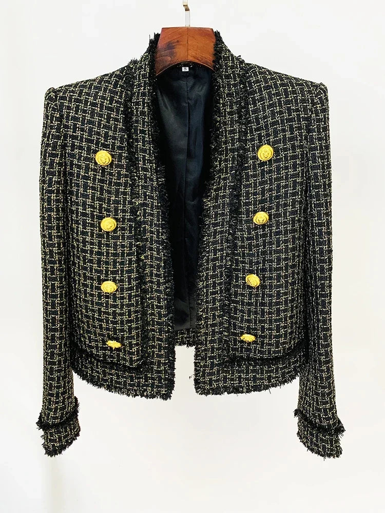 Blazer em Tweed Xadrez com Fios Dourados e Botões Ornamentais