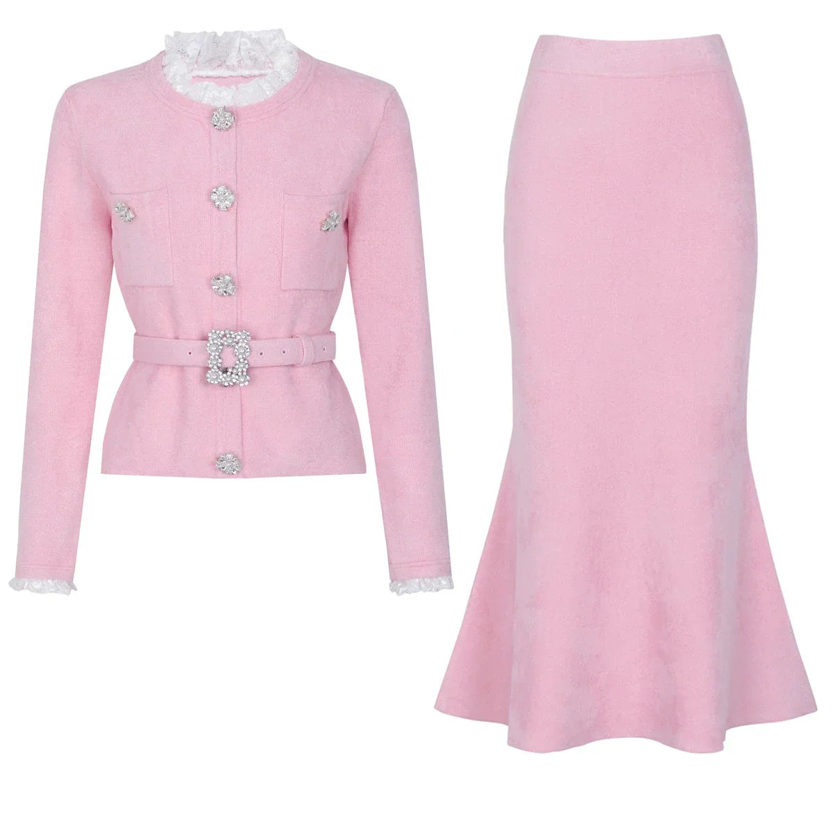 Conjunto Executivo Rosa: Casaco Estruturado e Saia Sereia Midi – Elegância