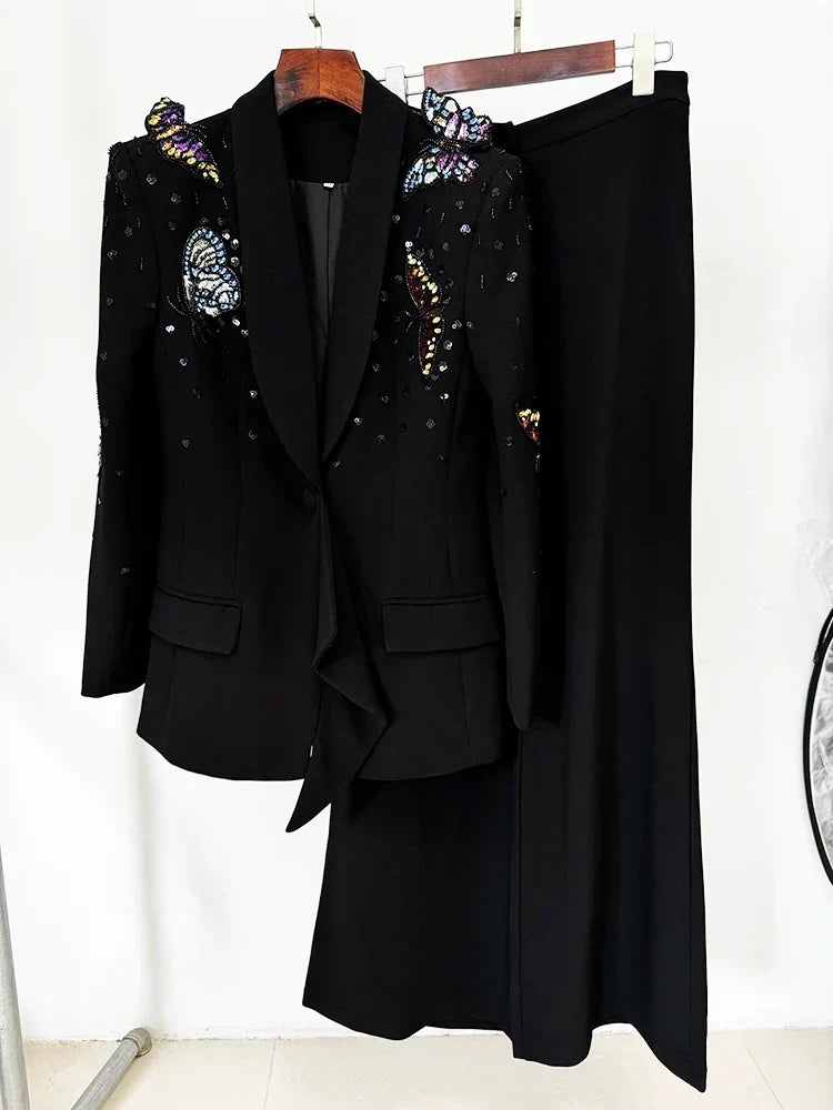 Conjunto Elegante: Blazer com Aplicação 3D e Calça Pantalona