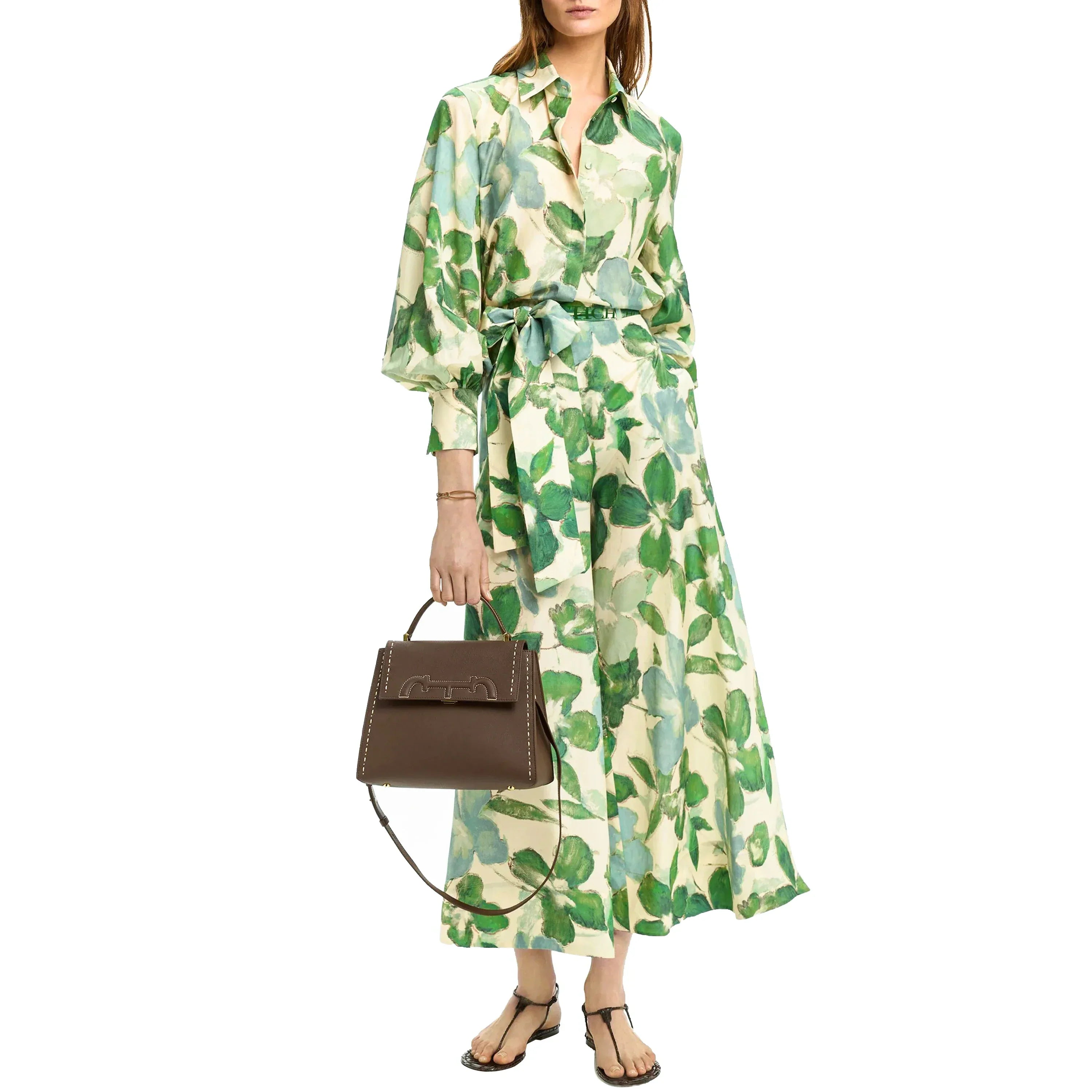 Lorena | Vestido Longo Estampado com Cintura Marcada e Manga Longa