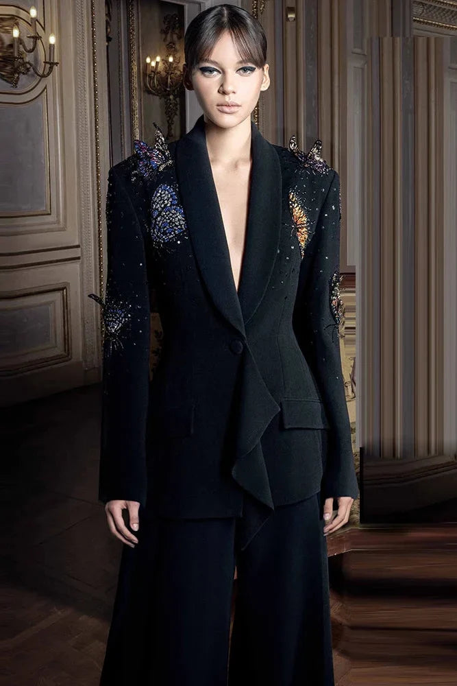 Conjunto Elegante: Blazer com Aplicação 3D e Calça Pantalona